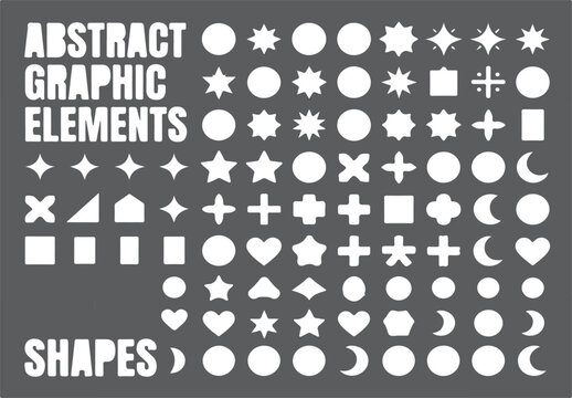 Abstract Graphic Elements Shapes Stencil Sheet With Geometric Icons and Symbols Collection.