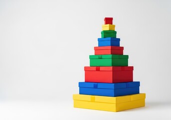 Naklejka premium A minimalist stack of gift boxes in various sizes forms a geometric holiday tree silhouette against a seamless and clean white backdrop, festive, shopping, greeting card