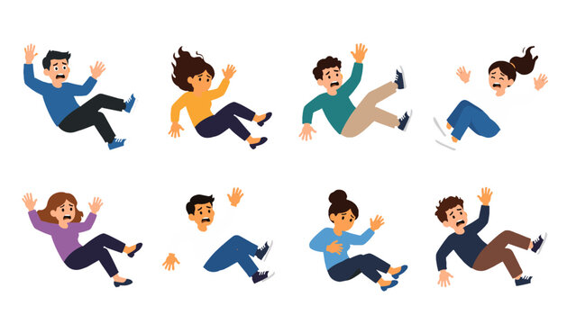 Set of frightened people falling in different poses