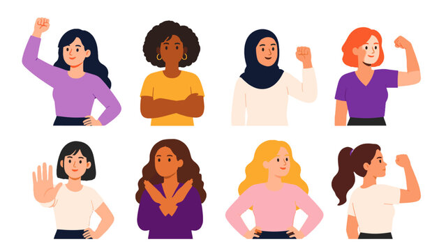 Set of diverse women making strong and assertive gestures