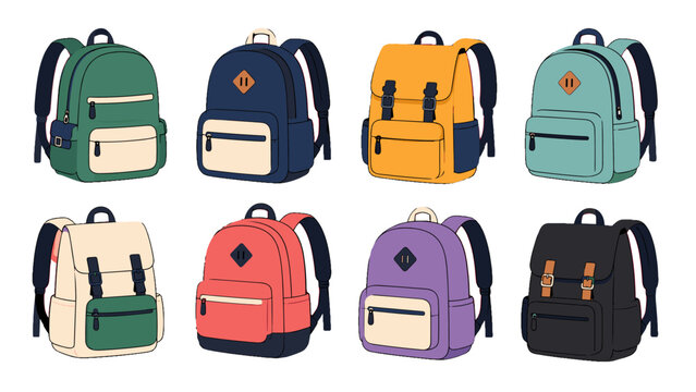 Set of colorful backpack illustrations in different styles