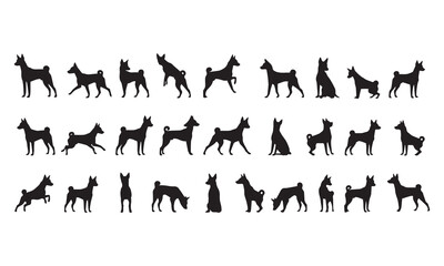 Fototapeta premium Set of black silhouettes of Shiba Inu dogs in various poses and actions on white background.