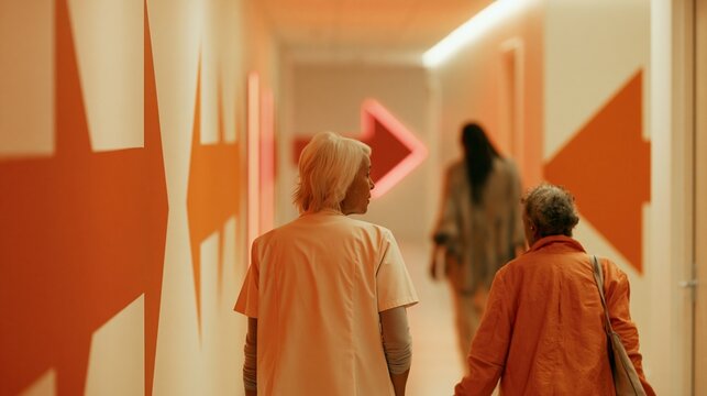 Focused medium shot on vibrant arrow symbols along a minimalist passageway highlighting the caregivers careful escort of a dementia patient in a quiet warmtoned environment.