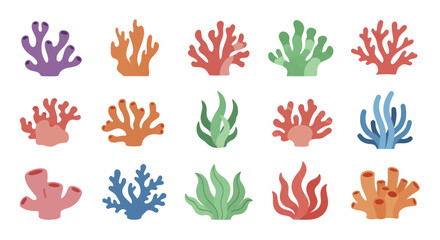 Vibrant Collection of Diverse Coral Reefs and Seaweed Illustrations. © Enggal