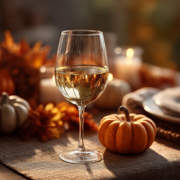 Glass of white wine on a festive autumn table setting with pumpkins and candles, seasonal