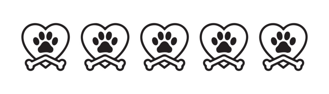 Linear icons of animal paw prints inside heart shapes with bones isolated on a transparent background.
