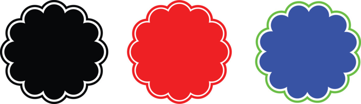 Set of circular scalloped frames and blank rosette badges in black, red and blue