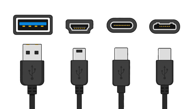 Set of USB connector and port types isolated on white