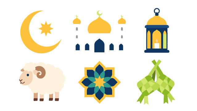 Islamic holiday icons with crescent mosque lantern sheep and ketupat