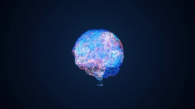 Glowing digital artificial intelligence brain core connected to big data visualization, coding, content creation, and machine learning cloud icons within a futuristic global cyber tech network.