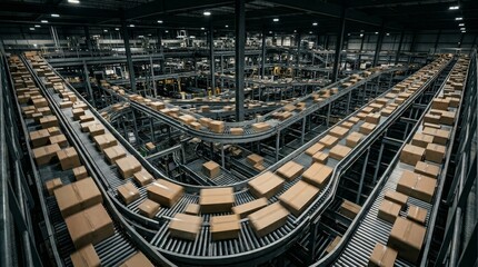 Fototapeta premium Cardboard boxes move along looping conveyor belts in a large warehouse.