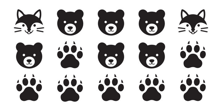 Cute bear faces and wild animal paw prints icons collection on transparent background for graphic.