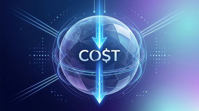 Abstract digital globe with glowing vertical arrows and cost text for global financial market trends and economic efficiency analysis concept