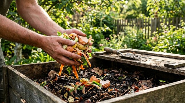 Person adding kitchen food waste into garden composting bin for organic fertilizer with eco friendly zero waste earth friendly organic matter soil health fertilizer recycling sustainability