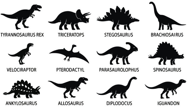 Dinosaur silhouette set with common prehistoric species names