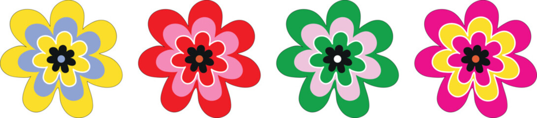 Fototapeta premium A high-quality repeating floral pattern featuring colorful layered and stylized flower shapes. The design utilizes a retro-inspired color palette and bold flat aesthetics making it ideal for fabric 