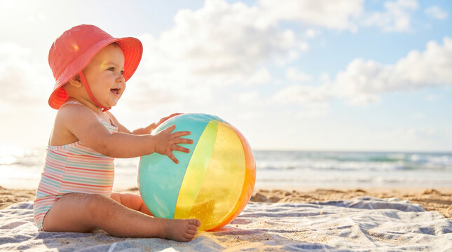 Baby playing with a colorful beach ball on sandy beach in summer  