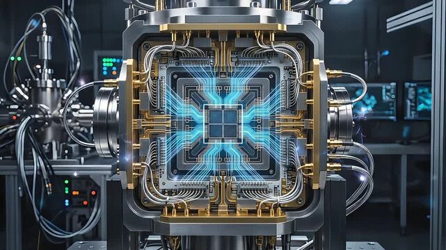 Advanced Quantum Computing Processor Unit with Glowing Blue Data Pathways in Laboratory Environment