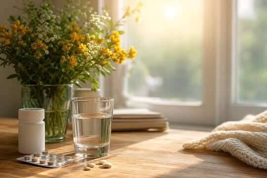 A glass of water, various pills, and a vase of fresh wildflowers on a sunlit wooden table by a window, suggesting a morning wellness routine.