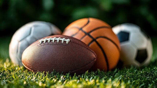 Four sports balls-football, basketball, and two soccer balls-are positioned on grass with a blurred natural background.