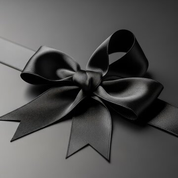 Una ripresa ravvicinata di un nastro di raso nero piegato a forma di fiocco simbolo di lutto e memoria, isolato su uno sfondo scuro neutro, distintivo, cordoglio, lucido