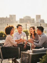 Fototapeta premium Diverse group of happy friends toasting with drinks on a rooftop lounge at sunset with city skyline background