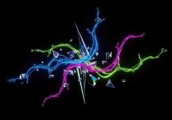 Obraz premium A mesmerizing composition of neon liquid trails and geometric shards floating gracefully through a deep, midnight black digital void, flow, cyberspace, graphic
