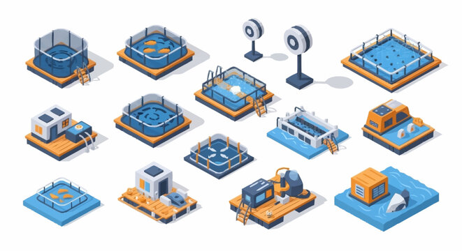 Isometric illustrations of various aquaculture farms and related equipment, showcasing modern fish farming techniques.