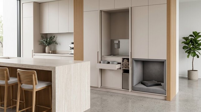 Kitchen Adjacent Pet Millwork Wall With Hidden Care And Bed Niche