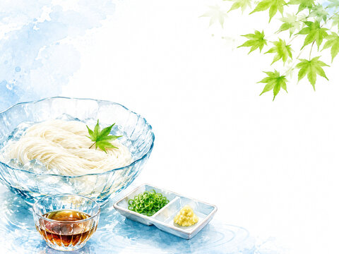 Japanese Summer Watercolor Background with Chilled Somen Noodles