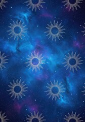 Fototapeta premium A seamless pattern featuring elegant silver sun contour drawings scattered across a trendy galactic blue backdrop for a modern aesthetic, cosmos, elegant, graphic