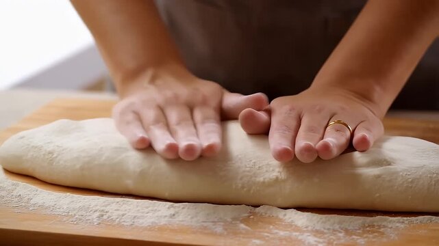 Close up of hands kneading a long piece of dough on a wooden board dusted with flour in a kitchen setting.