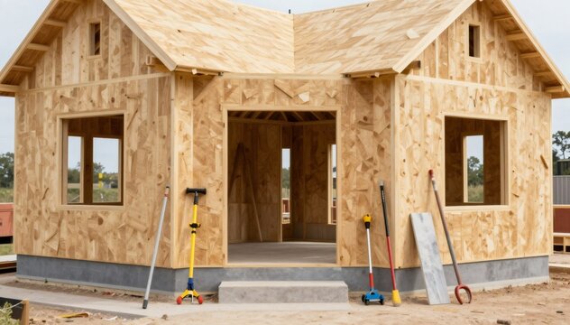 Building new house framing with plywood wood structure