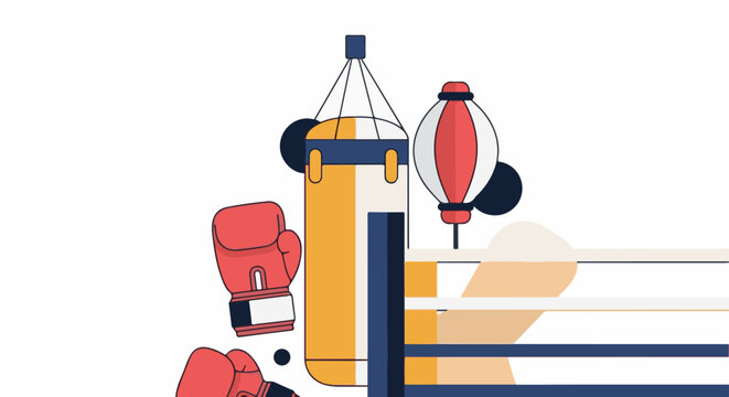 A colorful illustration of a boxing ring with punching bags and gloves