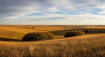 Obraz premium Expansive golden fields and rolling hills under a vast blue sky, illustrating a serene rural landscape with natural beauty.
