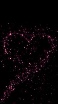 valentines day heart shape frame pink sparkle glitters light trail alpha channel loopable animation, shiny glowing red stars isolated love vertical social media motion design element
