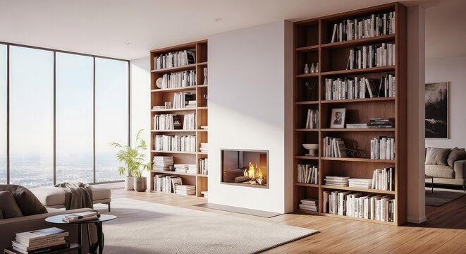 Elegante soggiorno con camino moderno, librerie a tutta altezza e ampie finestre panoramiche che offrono una calda luce naturale, camino, casa, stile