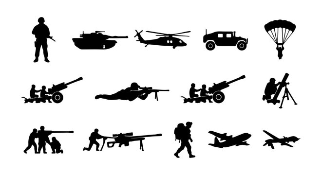 Military Icons Set: Soldier, Tank, Helicopter, Humvee, Parachute, Artillery, Mortar, Drone