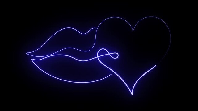 Continuous one line art of lips and a heart glowing in neon 4k animation video