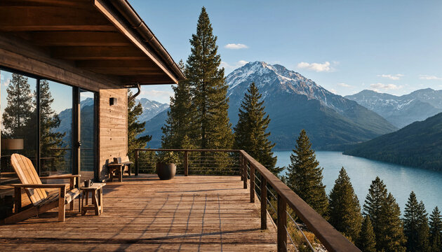 Rustic wooden deck of a scenic lakeside mountain retreat with towering pine trees at golden hour mountain landscape tranquil vacation architecture building wilderness serenity peaceful