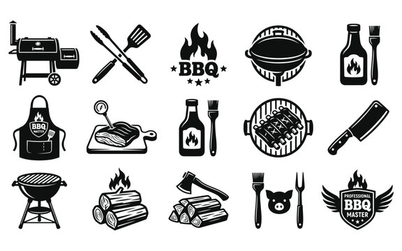 Black and white vector illustrations of various barbecue related items on white background