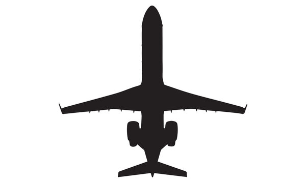 Simple black silhouette of a corporate private jet plane isolated on a white background