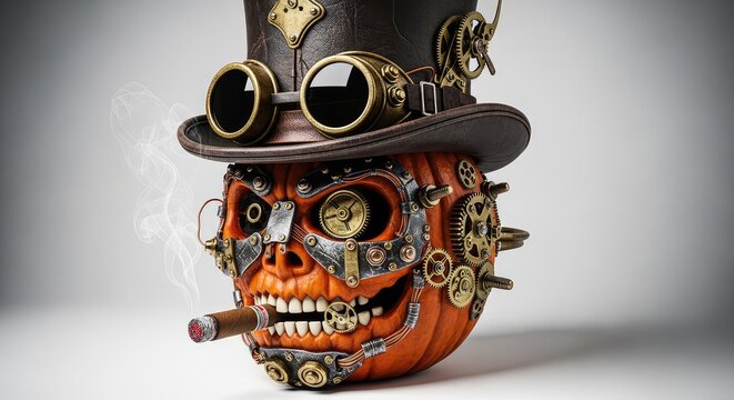Ornate steampunk pumpkin head wearing a leather hat and smoking a large cigar, decorated with metallic bolts and clockwork mechanisms, dark, metallic, background