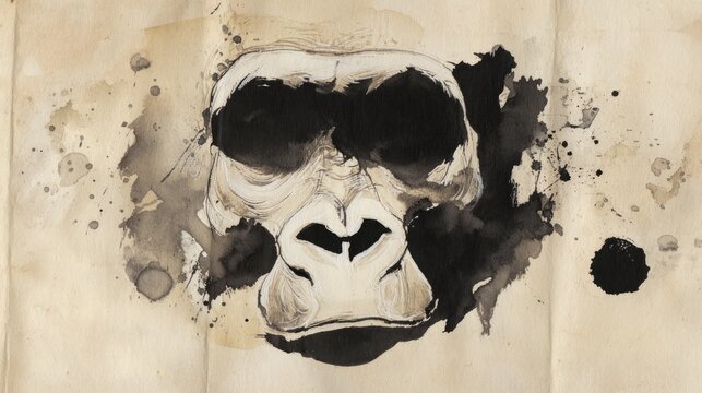 Ink illustration of a gorilla face on aged paper background