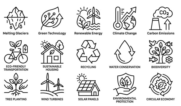 Ecology and climate change outline vector icon set with editable stroke
