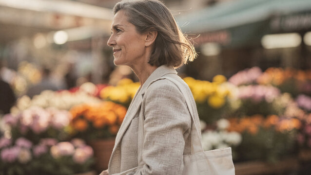 Smiling middle-aged woman with grey hair shopping at a vibrant outdoor flower market during golden hour