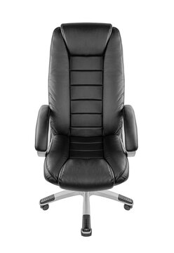A modern black leather office chair with armrests and wheels is isolated on a solid white background.