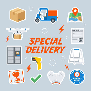 Special express courier delivery stickers bundle featuring cargo drone transit truck courier scanner fragile package labels vector