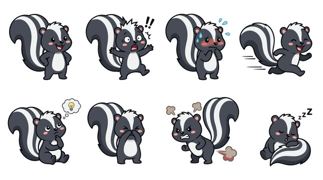 Funny cartoon skunk character animation sprite sheet or sticker pack with several moody facial expressions on white background