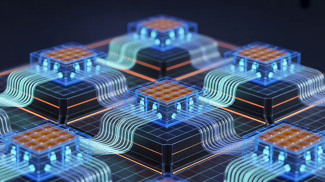 Integrated circuit architecture, abstract digital information multilayer network grid representing data flow, quantum computational systems, virtual infrastructure design. Microprocessor cores